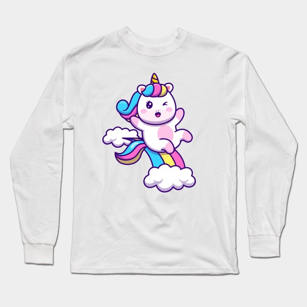 Cute Unicorn Sliding On Rainbow Long Sleeve T-Shirt by Catalyst Labs